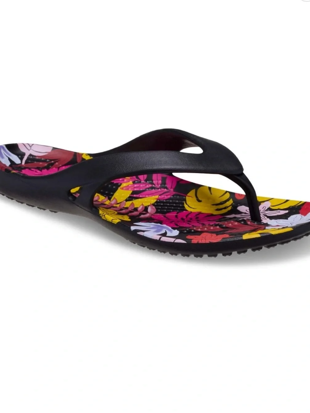Women's Crocs Kadee Tropical Floral Print Black Flip Flop Sandals